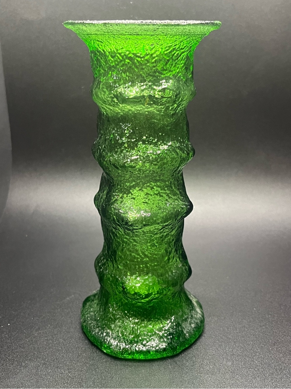 Vintage green textured glass bamboo vase 7 inch